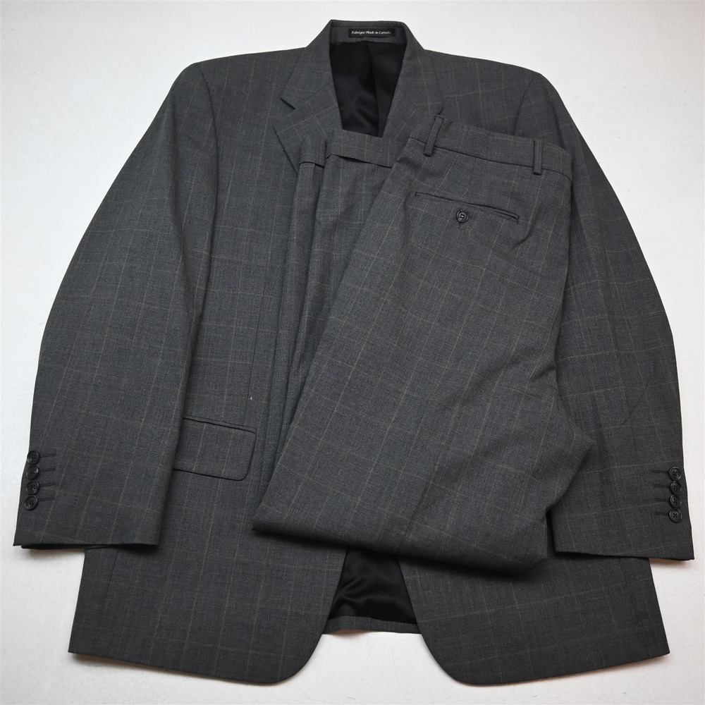 Vtg Y2K 2000s Boxy 43R 34x32 Gray Windowpane 100% Wool Mens Jacket Pants Suit